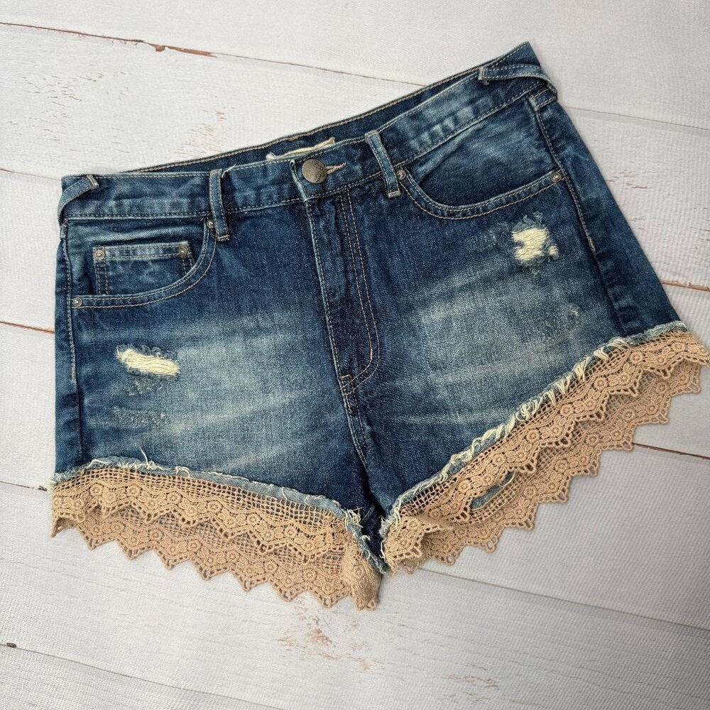 Free People Denim Shorts Crochet Lace Trim Distressed Boho Size 27